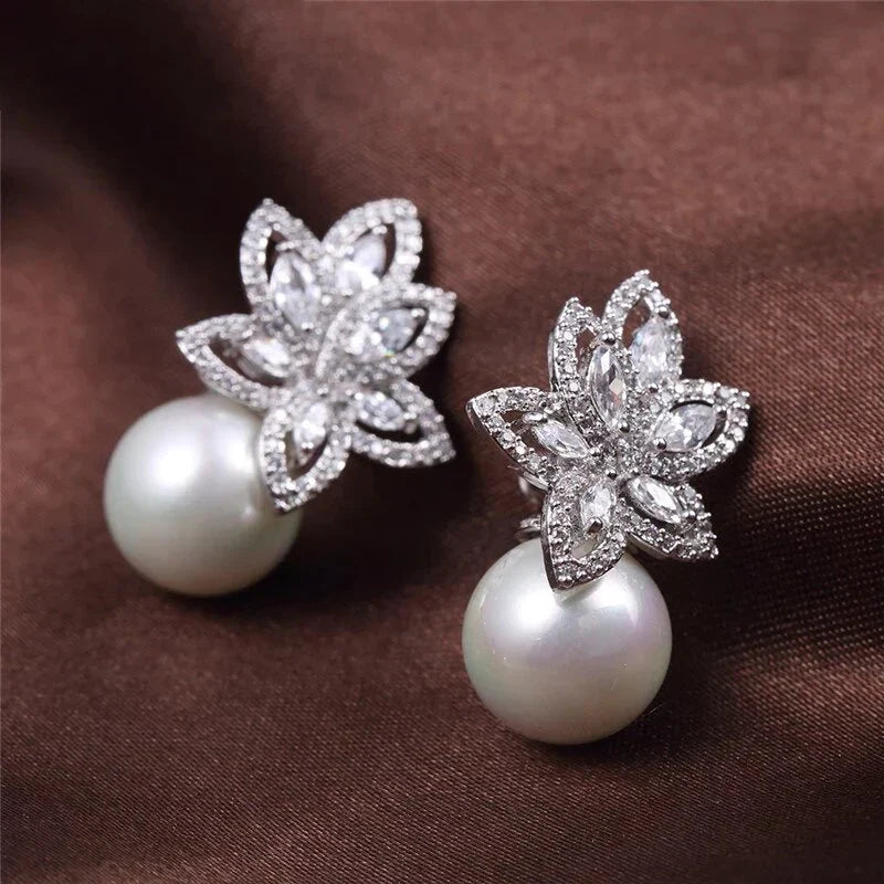 Silver Dahlia Pearl Earrings